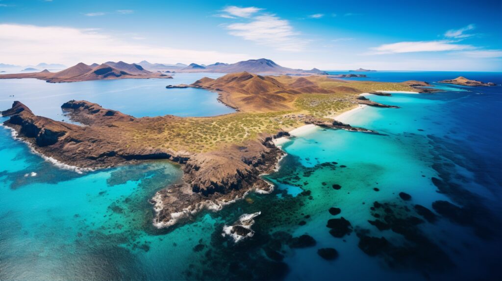 Paisagem aérea com praias e um mar de corais à volta