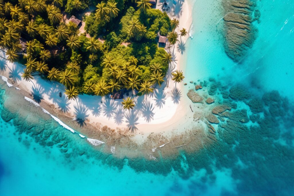 Praia cheia de palmeiras numa ilha com águas cristalinas