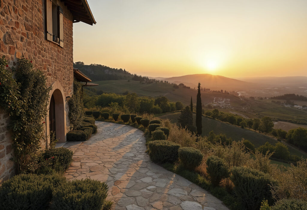 Paisagem com típica casa italiana, com campos toscanos e um pôr do sol de fundo