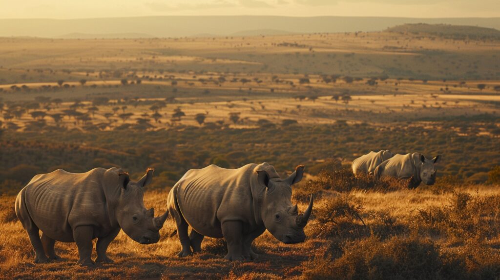 Rinocerontes a caminhar numa savana africana e o pôr do sol ao fundo